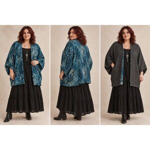 Boho Whimsigoth Artsy Reversible BlueBlack Crinkle Popcorn Sequin 2X Jacket NWT